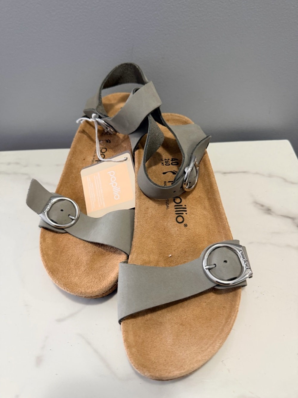 Papillio by Birkenstock 40 Women’s Adjustable grey Leather Strap wedge sandal